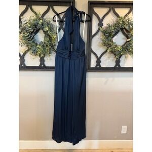 Azazie Dark Navy‎ Blue Halter Neck Jumpsuit Wide Leg Formal Size A16